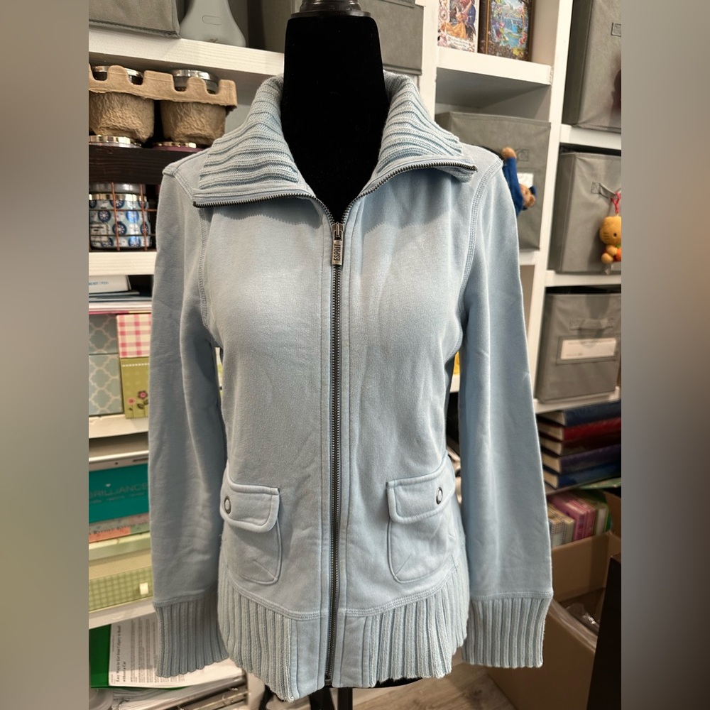 Esprit Blue Bomber Jacket with High Collar and Ribbed Knit